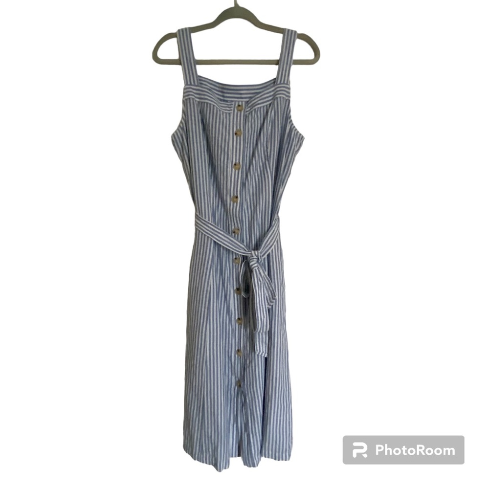 NWT Liz Claiborne Dress Linen Blend Striped Front Buttons, Blue and White
